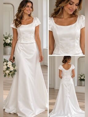 Jordan Limited White Satin Two-Piece short sleeve Bridal Gown Size 14